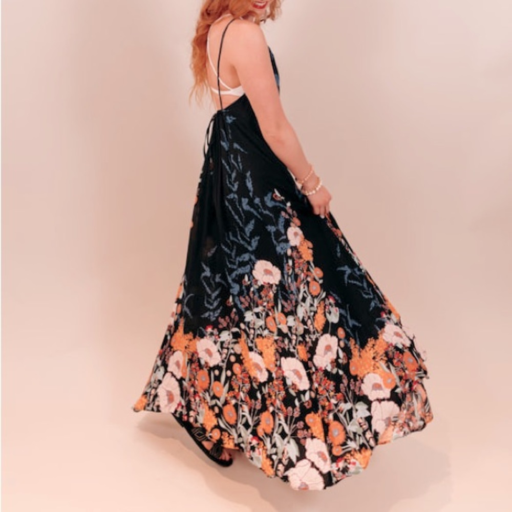 NWT Free People lightweight backless floral black blue midi/halter maxi dress SM